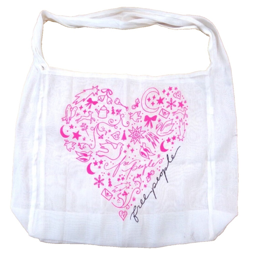 Free People White and Pink Graphic Linen Tote Bag